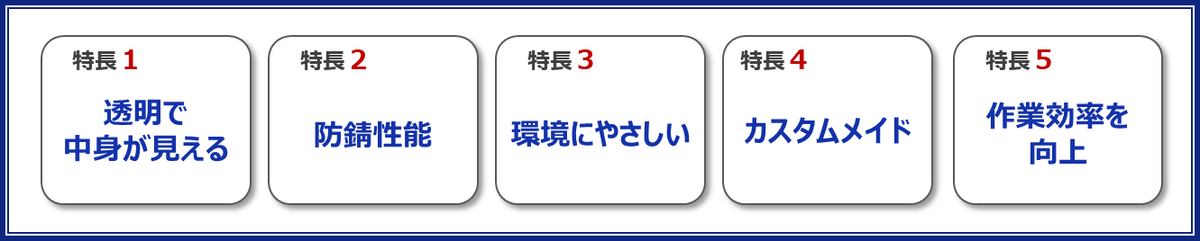 DNP防錆性フィルムの５つの特長。１つ目は透明で中身が見えること。２つ目は防錆力（防錆性能）。３目は環境に負荷が少ないこと。４つ目はカスタムメイドが可能なこと。５つ目は包装工程の作業効率を向上させること。