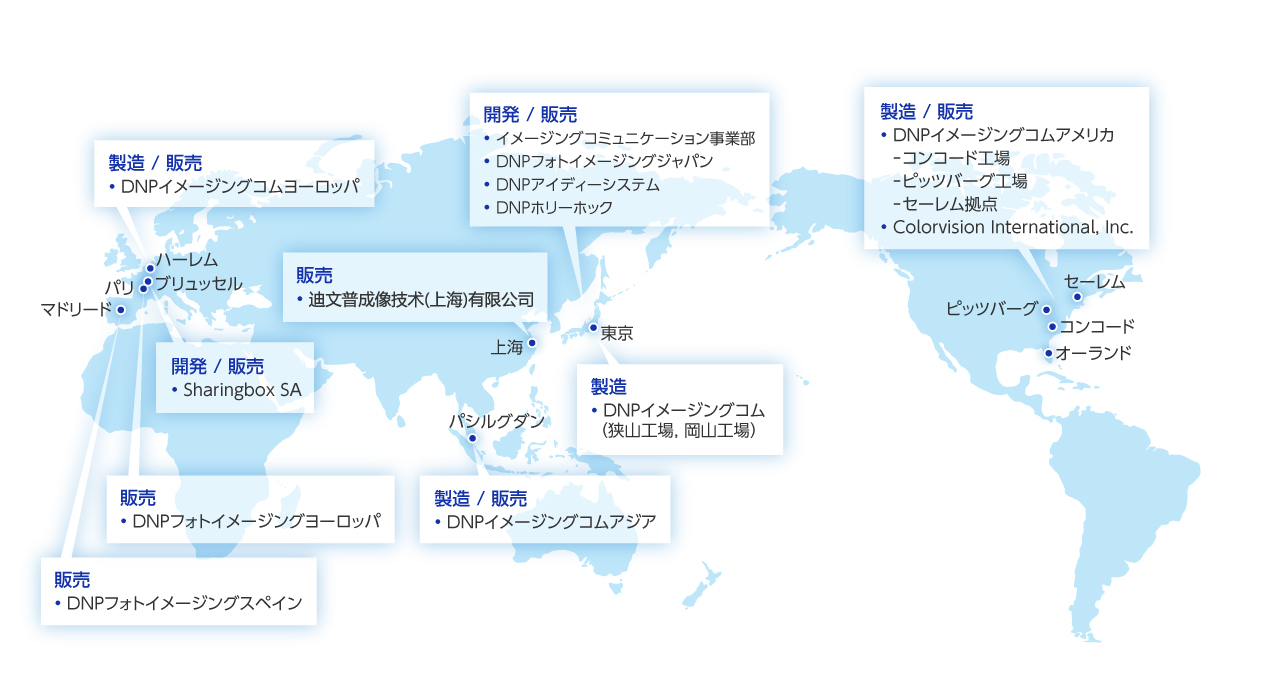 世界地図に、日本、北米、欧州、アジアにおける製造・販売拠点がマッピングされているイメージです