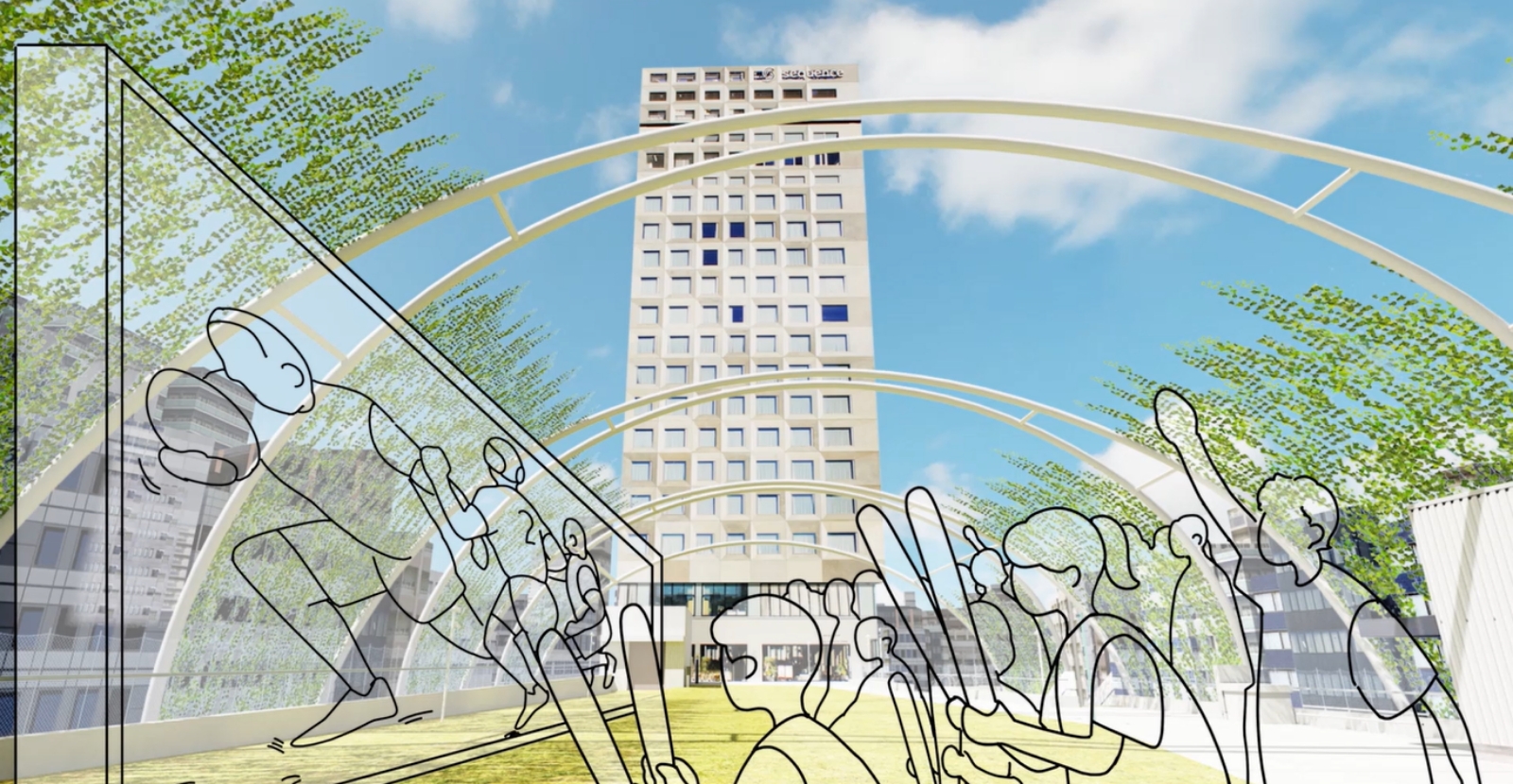 バーチャル空間でイベントに参加している人々を表現したイラスト