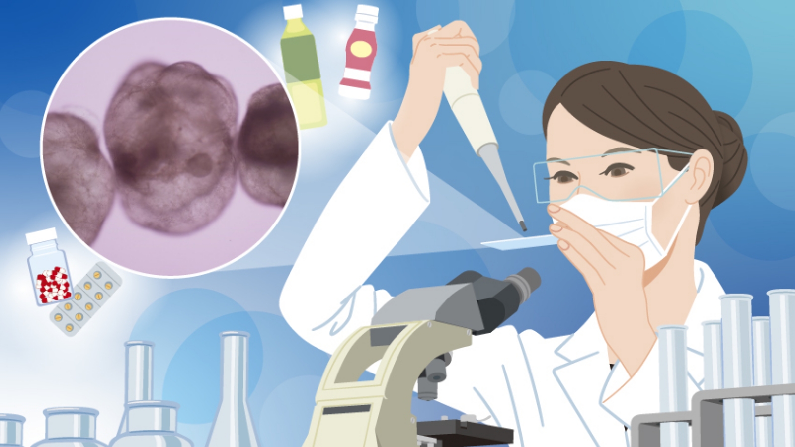 「ミニ腸」を用いた再生医療や創薬の研究シーンを表したイラスト