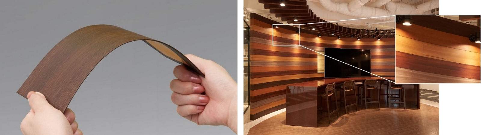 5Gフィルム型アンテナを手で曲げている様子と屋内の木目調の壁に溶け込み、目立たないように設置された5Gフィルム型アンテナ